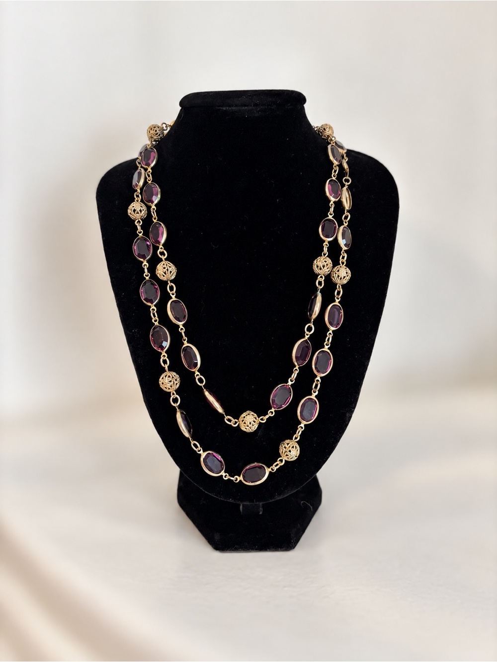 Vintage Purple Faceted Stone Filigree Bead Long Necklace 36”